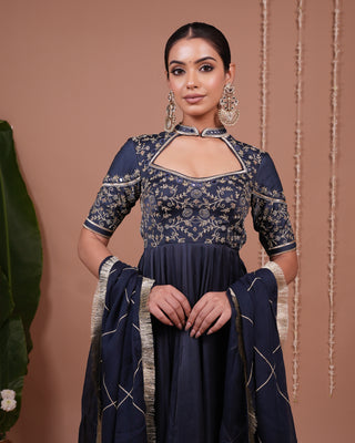 Navy Blue Silk Satin Heavy Anarkali Suit Set
