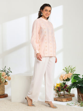 Elan Pink  Hand Embroidered French Lace Silk Cotton Shirt