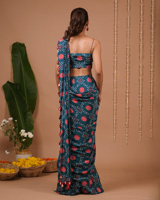 Teal Blue-Red Bandhej Printed Drape Saree