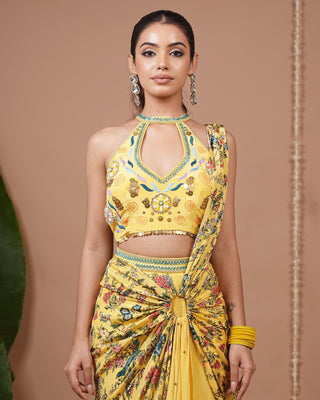 Bright Yellow Printed Halter Neck Indo Drape Set