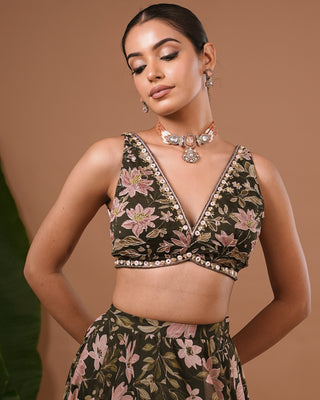 Olive Green Floral Printed Organza Lehenga Set