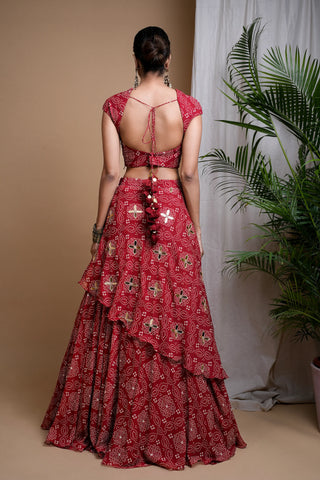Red bandhani digital print indo lehenga set