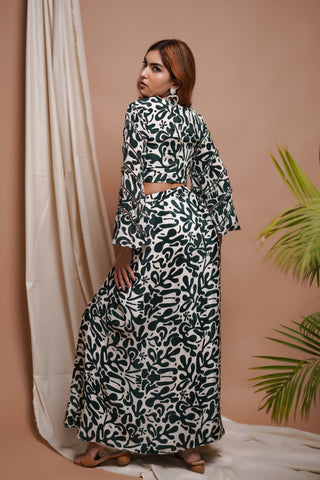 White-Green Digital Printed Drape  Skirt Set