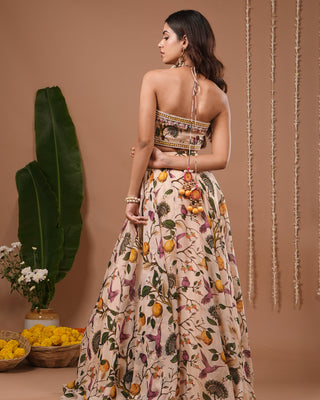 Cream Lemon Printed Indo Lehenga Set