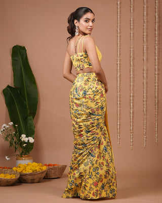 Yellow Printed Indo Saree