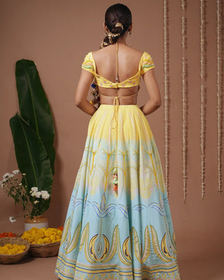 Yellow- Firozi Heavy Printed Lehenga Set