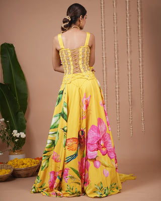 Mustard Floral Printed Corset Heavy Lehenga Set