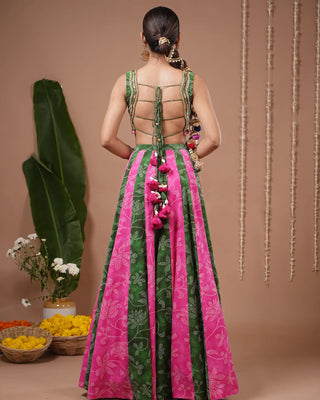 Green - Pink Bandhani Floral Printed Lehenga Set