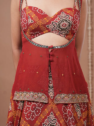 Red Bandhani Printed Lehenga Set