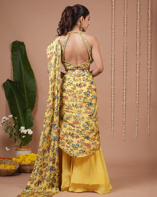 Bright Yellow Printed Halter Neck Indo Drape Set