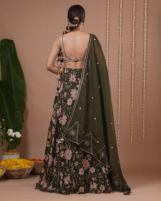 Olive Green Floral Printed Organza Lehenga Set