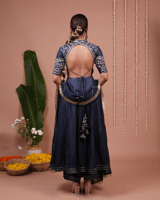 Navy Blue Silk Satin Heavy Anarkali Suit Set