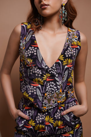 Violet Printed Vest Coat And Palazzo Set