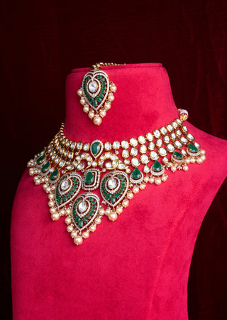 Royal Emerald Green Polki Kundan Statement Bridal Necklace Set