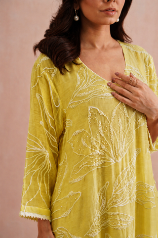 Mul chanderi pearl embroidered kurta paired with cotton pants