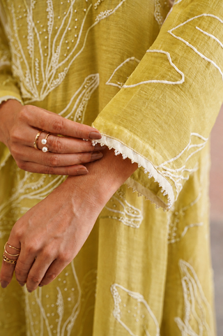 Mul chanderi pearl embroidered kurta paired with cotton pants