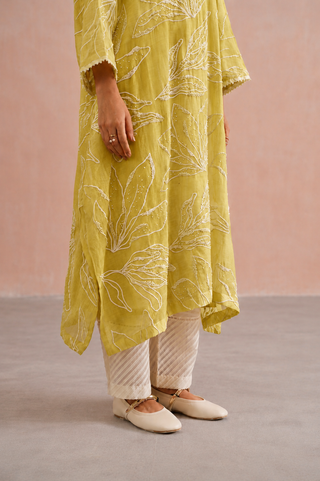 Mul chanderi pearl embroidered kurta paired with cotton pants