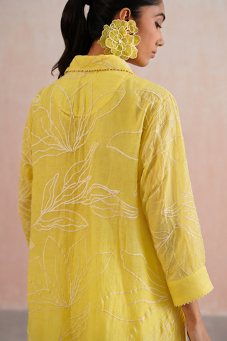 Mul chanderi pearl embroidered shirt style kurta paired with cotton pants