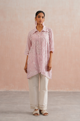 Mul chanderi pearl embroidered shirt paired with cotton pants