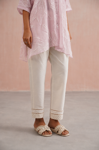Mul chanderi pearl embroidered shirt paired with cotton pants