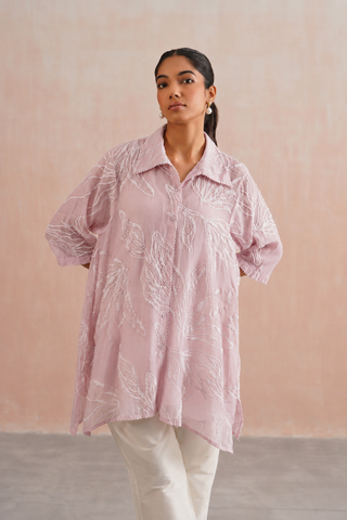 Mul chanderi pearl embroidered shirt paired with cotton pants