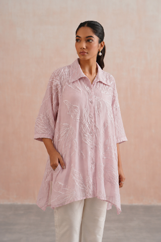 Mul chanderi pearl embroidered shirt paired with cotton pants