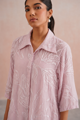 Mul chanderi pearl embroidered shirt paired with cotton pants
