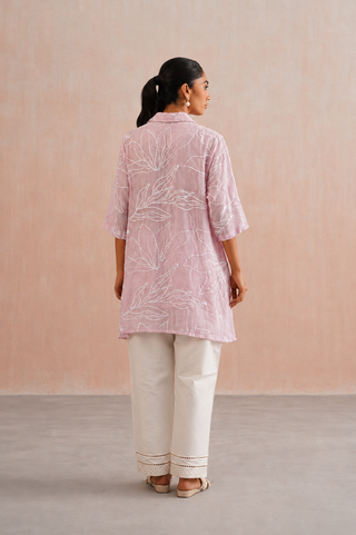 Mul chanderi pearl embroidered shirt paired with cotton pants