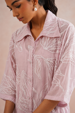 Mul chanderi pearl embroidered shirt paired with cotton pants