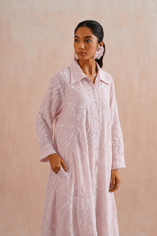 Mul chanderi pearl embroidered shirt style kurta paired with cotton pants