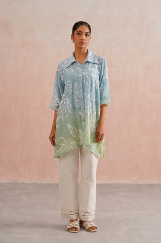 Mul chanderi pearl embroidered shirt paired with cotton pants