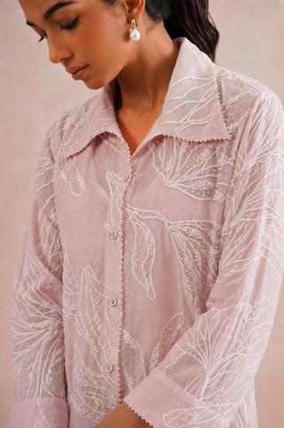 Mul chanderi pearl embroidered shirt style kurta paired with cotton pants