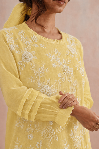 Mul chanderi pearl embroidered kurta paired with cotton pants