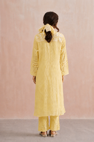 Mul chanderi pearl embroidered kurta paired with cotton pants