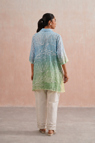 Mul chanderi pearl embroidered shirt paired with cotton pants
