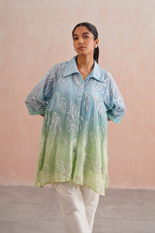Mul chanderi pearl embroidered shirt paired with cotton pants