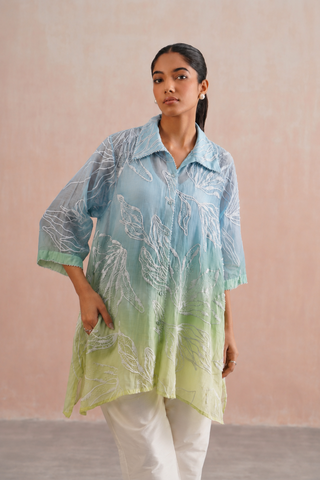 Mul chanderi pearl embroidered shirt paired with cotton pants