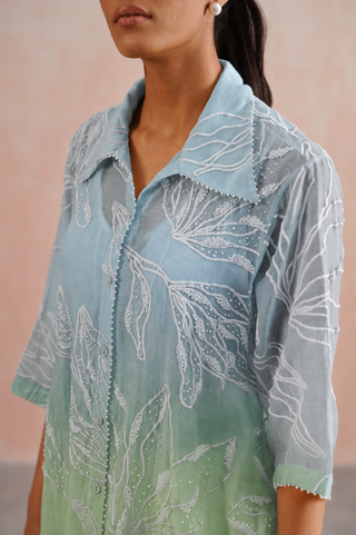 Mul chanderi pearl embroidered shirt paired with cotton pants