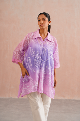 Mul chanderi pearl embroidered shirt paired with cotton pants