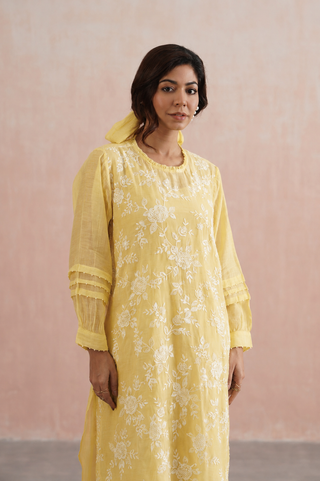 Mul chanderi pearl embroidered kurta paired with cotton pants