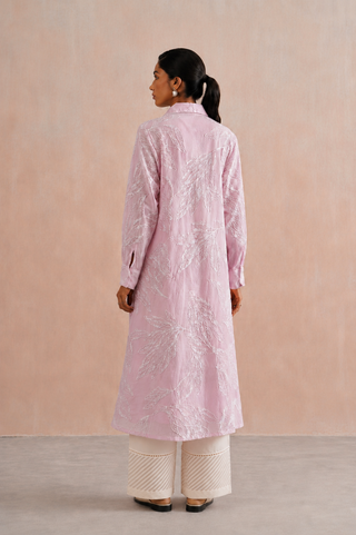 Mul chanderi pearl embroidered shirt style kurta paired with cotton pants