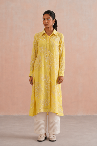 Mul chanderi pearl embroidered shirt style kurta paired with cotton pants