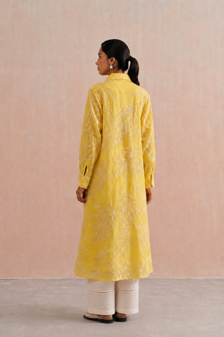 Mul chanderi pearl embroidered shirt style kurta paired with cotton pants