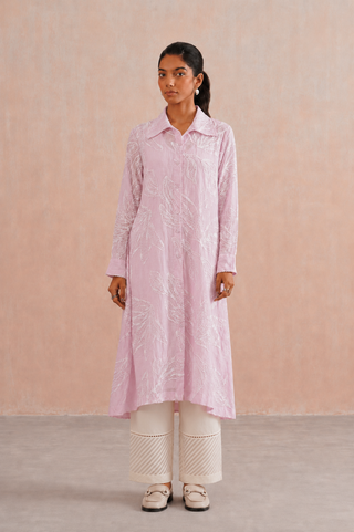 Mul chanderi pearl embroidered shirt style kurta paired with cotton pants