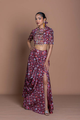 Garnet Grid Draped Skirt Set