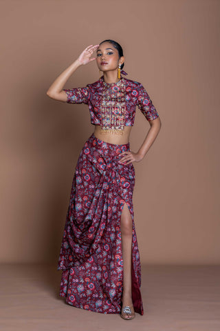 Garnet Grid Draped Skirt Set