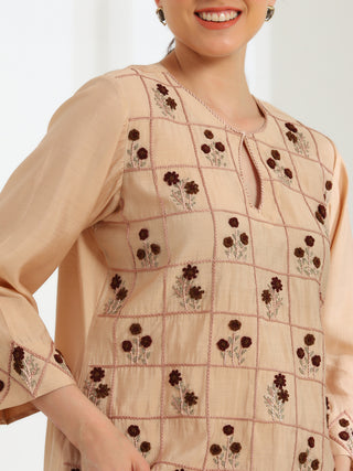 Auré Beige Hand Embroidered French lace Silk cotton Kurta set