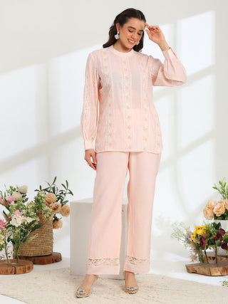 Elan Pink  Hand Embroidered French Lace Silk Cotton Co-ord Set