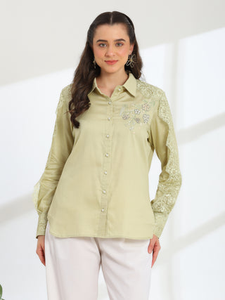 Soft Fern Hand Embroidered French lace Glazed Cotton Shirt