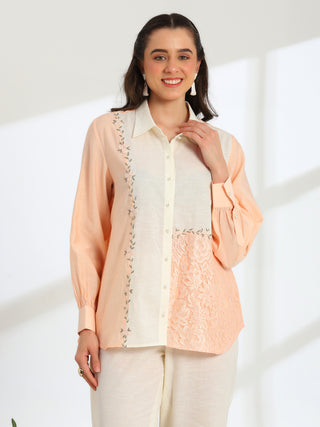 Floréa Peach Hand Embroidered French lace Silk Linen Co-ord Set